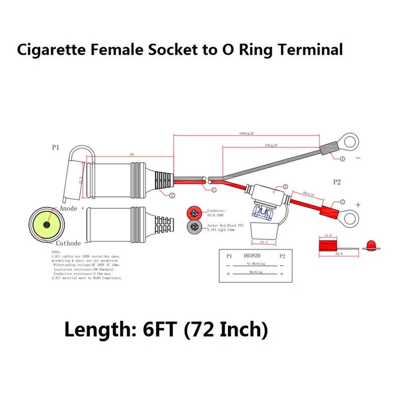 SPARKING 6FT Car Female Cigarette Lighter Plug Socket to Eyelet Terminals 12V Extension Cable with 15A Fuse(6FT) - Image 2